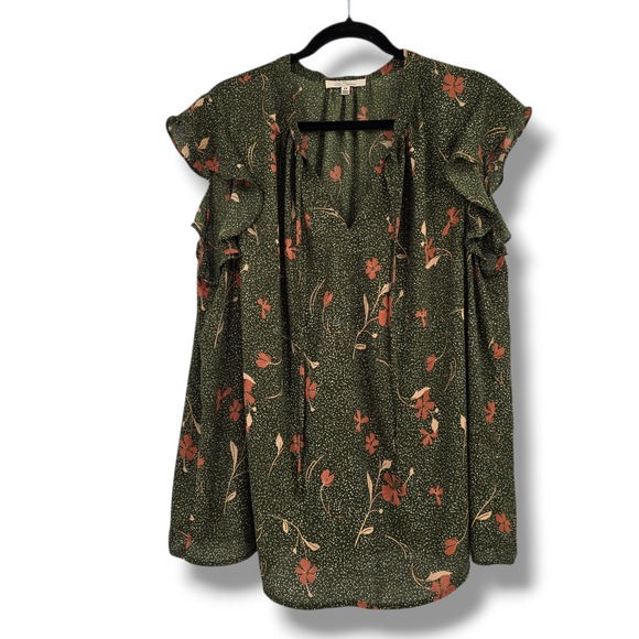 Les Serein Tops - Les Serein Womens 2X Olive Green Floral Ruffle Cap Sleeve V-Neck Tie Blouse